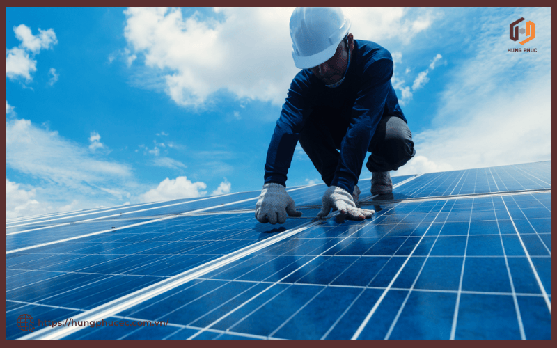 Công nhân đang lắp đặt hệ thống pin năng lượng mặt trời, góp phần tạo nên nguồn năng lượng sạch và bền vững.